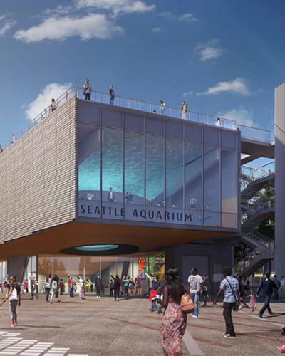 A rendering showing the front of the new Ocean Pavilion building with people walking on a sidewalk in front of the building.