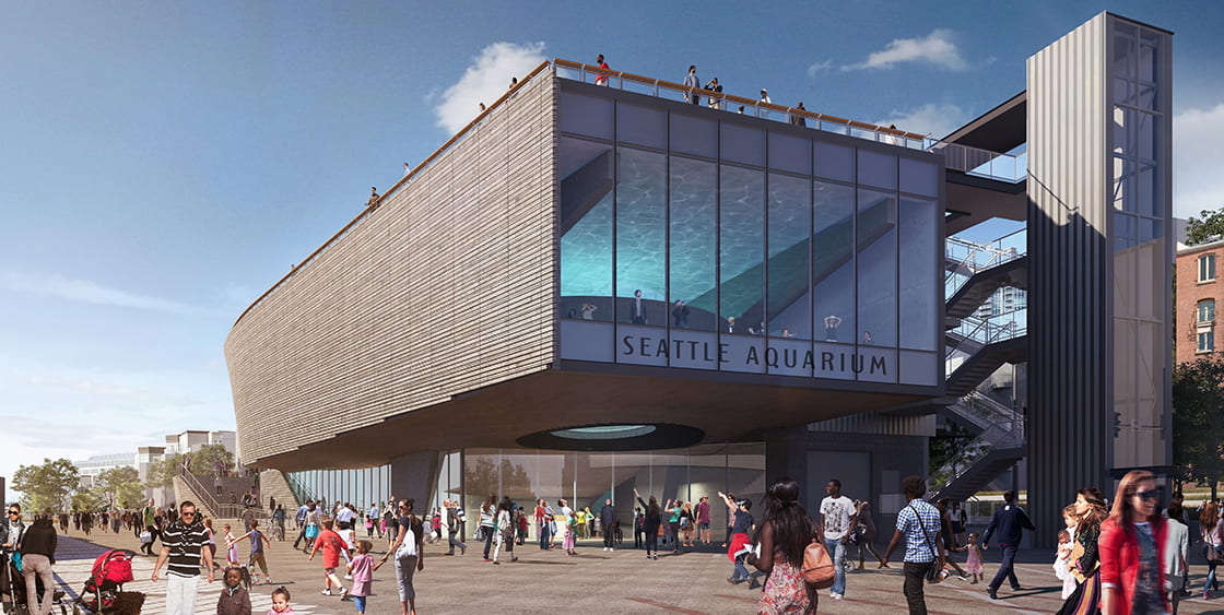 Rendered view of the front of the Ocean Pavilion building, as seen from street level, with people walking around outside the building.