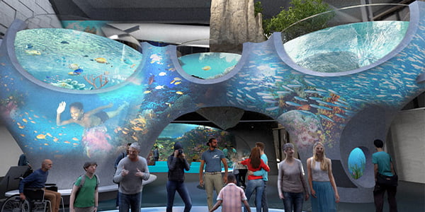 Concept rendering of One Ocean Hall of the new Ocean Pavilion building showcasing aquarium guests exploring the new Ocean Pavilion building.